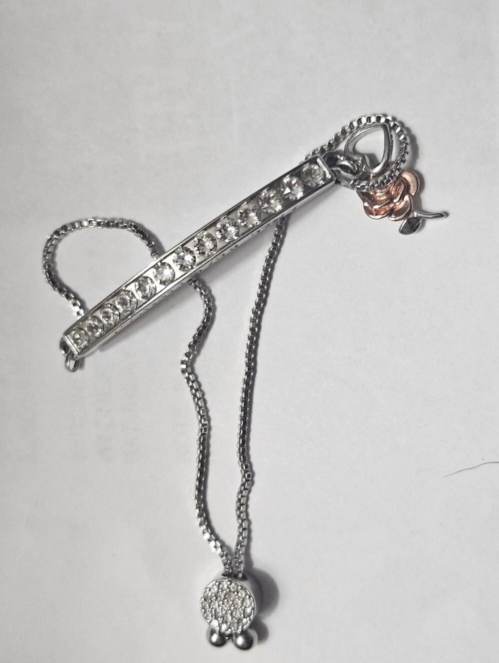 Pandora Silver Crystal Bar Slide Bracelet with Rose Gold Charm & Heart